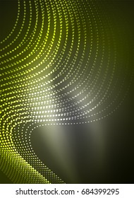 Glowing wave created with particles on dark color background. Vector digital techno illustration