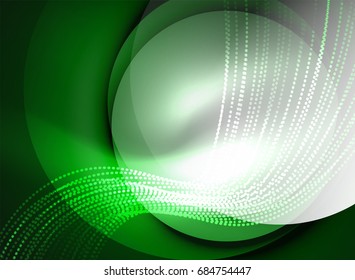 Glowing wave created with particles on dark green color background. Vector digital techno illustration