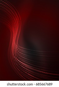 Glowing wave created with particles on dark color background. Vector digital techno illustration