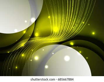 Glowing wave created with particles on dark color background. Vector digital techno illustration