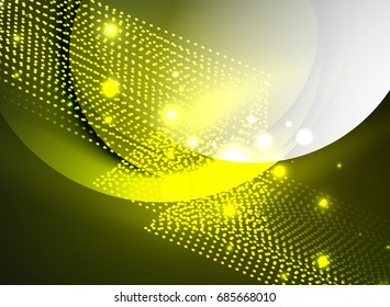 Glowing wave created with particles on dark color background. Vector digital techno illustration