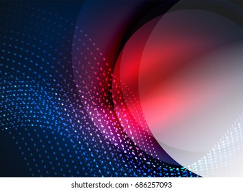 Glowing wave created with particles on dark color background. Vector digital techno illustration