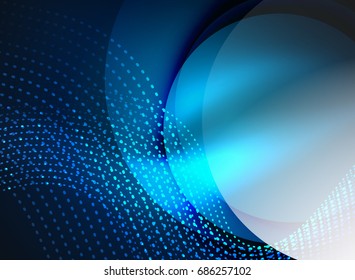 Glowing wave created with particles on dark color background. Vector digital techno illustration