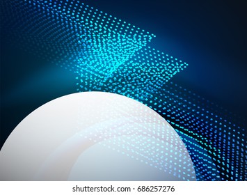 Glowing wave created with particles on dark color background. Vector digital techno illustration