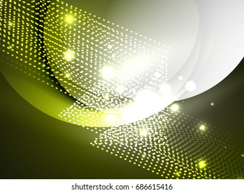 Glowing wave created with particles on dark color background. Vector digital techno illustration