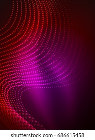 Glowing wave created with particles on dark color background. Vector digital techno illustration