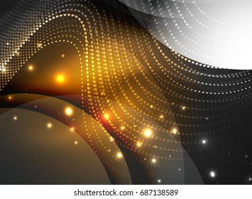 Glowing wave created with particles on dark color background. Vector digital techno illustration