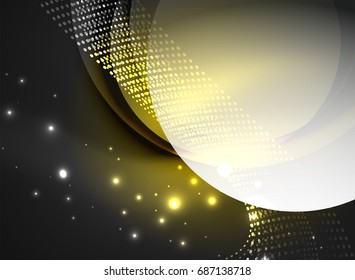Glühende Welle mit Partikeln auf dunklem Hintergrund. Digitale Vektorgrafik