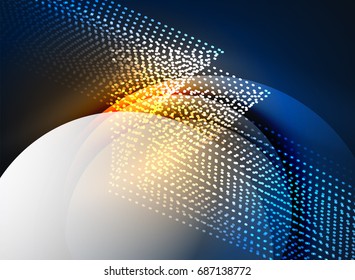 Glowing wave created with particles on dark color background. Vector digital techno illustration