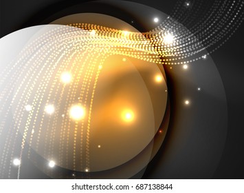 Glowing wave created with particles on dark color background. Vector digital techno illustration