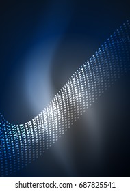 Glowing wave created with particles on dark color background. Vector digital techno illustration