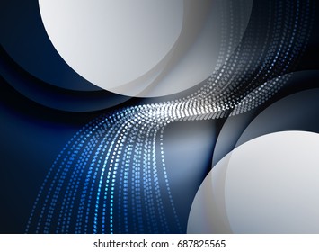 Glowing wave created with particles on dark color background. Vector digital techno illustration