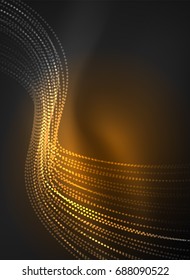 Glowing wave created with particles on dark color background. Vector digital techno illustration