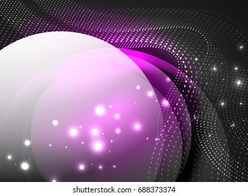 Glowing wave created with particles on dark color background. Vector digital techno illustration