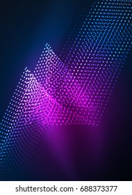 Glowing wave created with particles on dark color background. Vector digital techno illustration