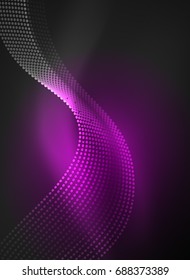 Glowing wave created with particles on dark color background. Vector digital techno illustration