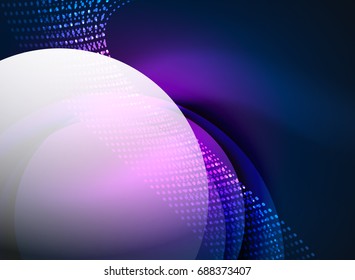 Glowing wave created with particles on dark color background. Vector digital techno illustration