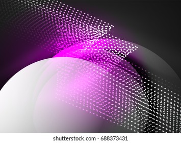 Glowing wave created with particles on dark color background. Vector digital techno illustration