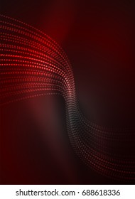 Glowing wave created with particles on dark color background. Vector digital techno illustration