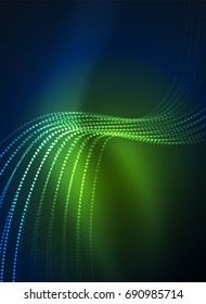 Onda brilhante criada com partículas no fundo de cor escura. Ilustração do tecno digital vetorial