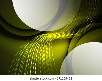 Glowing wave created with particles on dark color background. Vector digital techno illustration