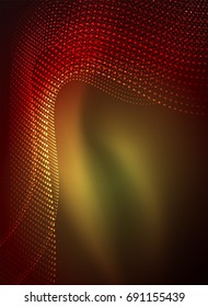 Glowing wave created with particles on dark color background. Vector digital techno illustration