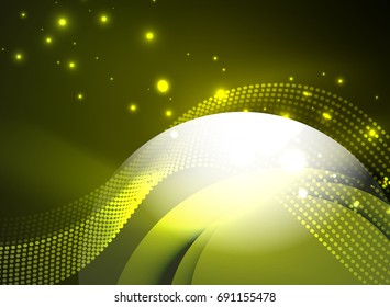 Glowing wave created with particles on dark color background. Vector digital techno illustration
