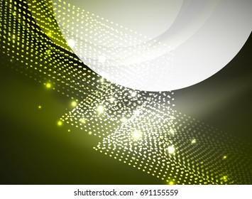 Glowing wave created with particles on dark color background. Vector digital techno illustration