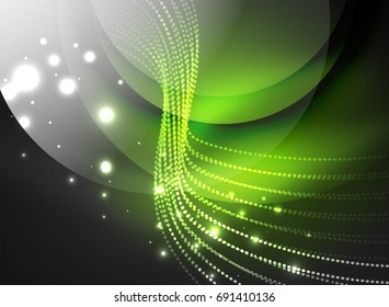 Glowing wave created with particles on dark color background. Vector digital techno illustration