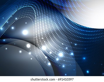Glowing wave created with particles on dark color background. Vector digital techno illustration