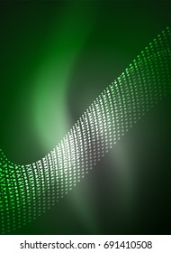 Glowing wave created with particles on dark color background. Vector digital techno illustration