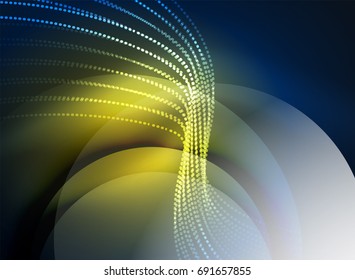 Glowing wave created with particles on dark color background. Vector digital techno illustration