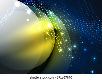 Glühende Welle mit Partikeln auf dunklem Hintergrund. Digitale Vektorgrafik