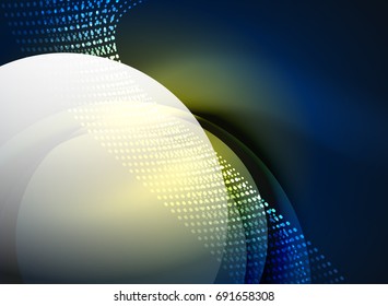 Glowing wave created with particles on dark color background. Vector digital techno illustration