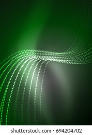 Glowing wave created with particles on dark color background. Vector digital techno illustration