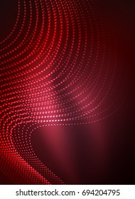 Glowing wave created with particles on dark color background. Vector digital techno illustration
