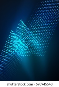 Glowing wave created with particles on dark color background. Vector digital techno illustration