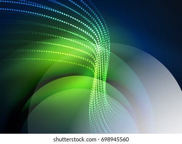 Glowing wave created with particles on dark color background. Vector digital techno illustration