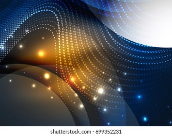 Glowing wave created with particles on dark color background. Vector digital techno illustration