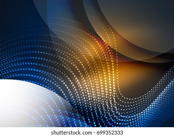 Glowing wave created with particles on dark color background. Vector digital techno illustration