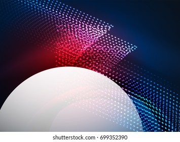 Glowing wave created with particles on dark color background. Vector digital techno illustration