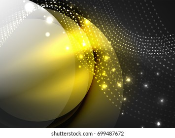 Glühende Welle mit Partikeln auf dunklem Hintergrund. Digitale Vektorgrafik