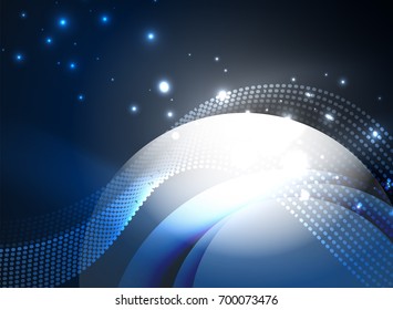 Glowing wave created with particles on dark color background. Vector digital techno illustration