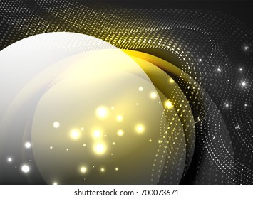 Glühende Welle mit Partikeln auf dunklem Hintergrund. Digitale Vektorgrafik