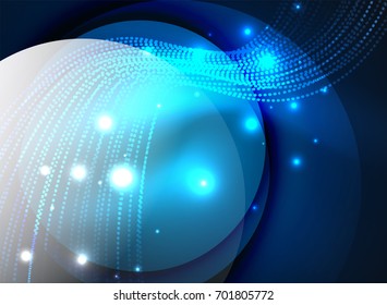 Glowing wave created with particles on dark color background. Vector digital techno illustration