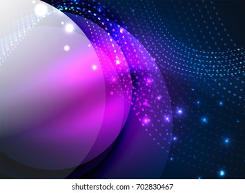 Glowing wave created with particles on dark color background. Vector digital techno illustration