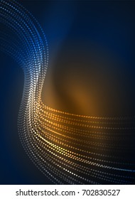 Glowing wave created with particles on dark color background. Vector digital techno illustration