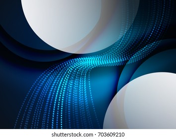 Glowing wave created with particles on dark color background. Vector digital techno illustration