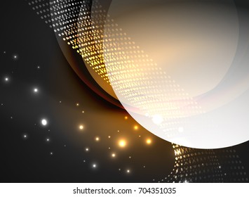 Glowing wave created with particles on dark color background. Vector digital techno illustration