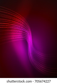 Glowing wave created with particles on dark color background. Vector digital techno illustration